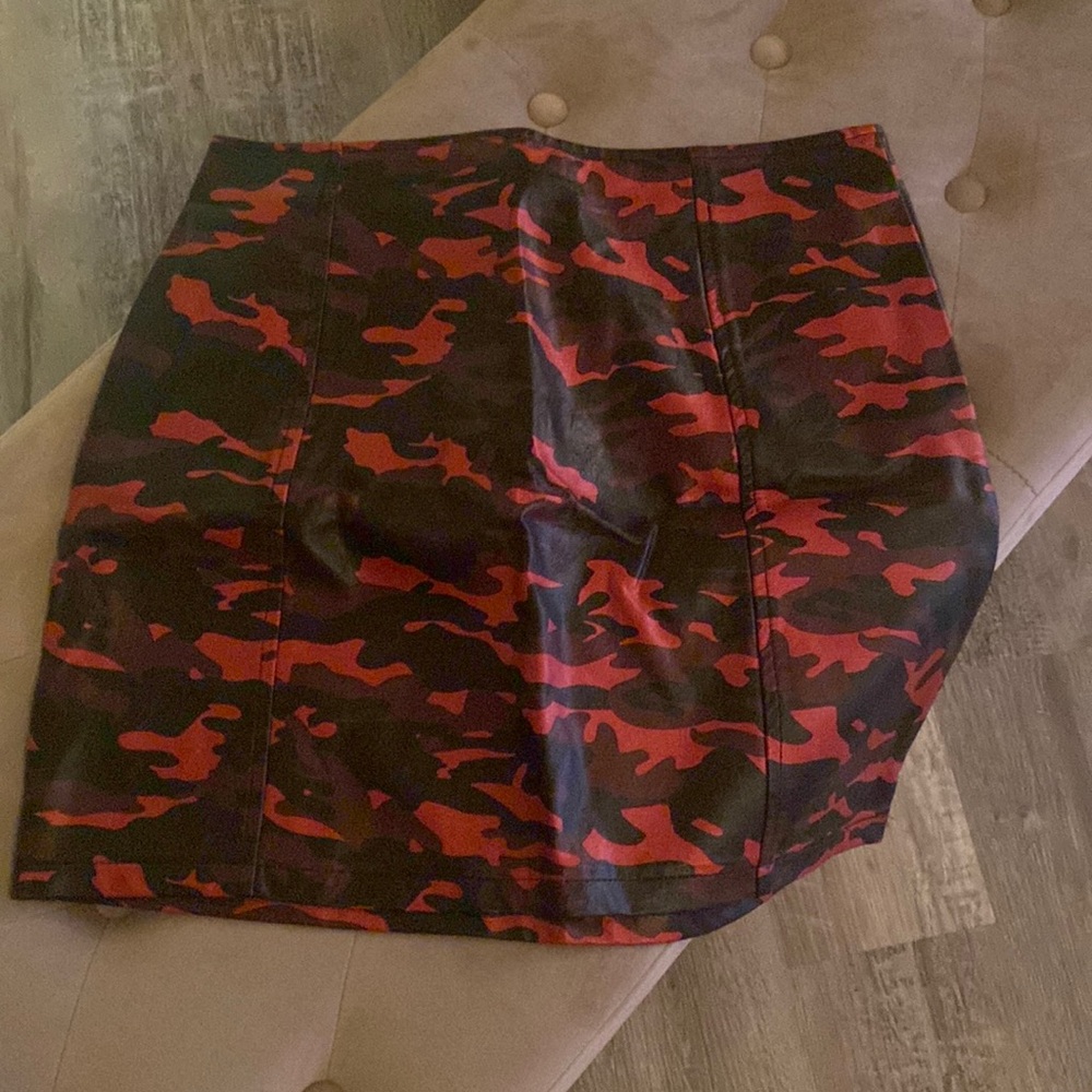Faux leather black and red camo print high waisted skirt.